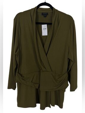 NWT J.Jill Wearever Collection Faux Wrap Draped Waist Top Olive Green Sz Large